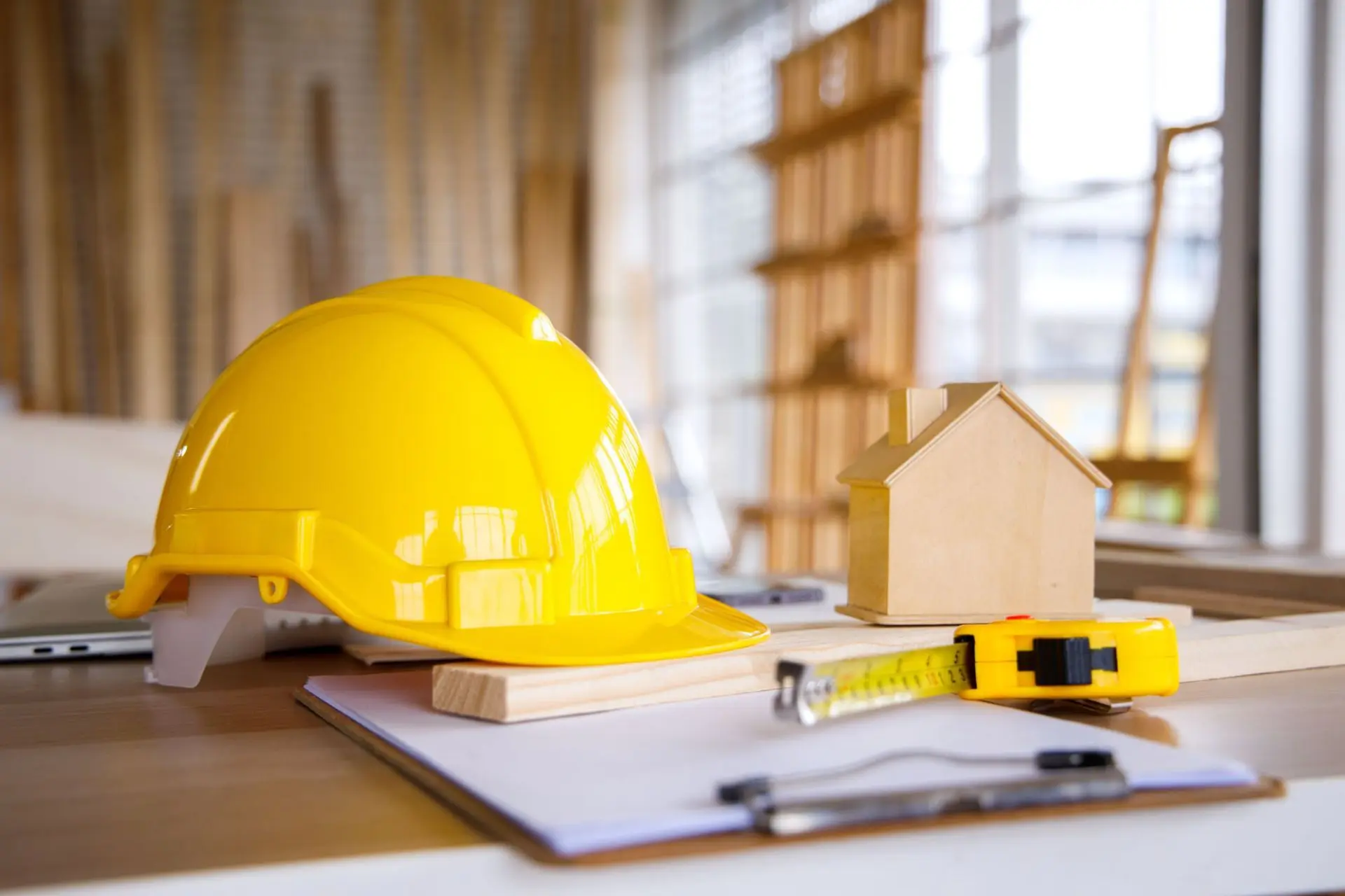 Bauplanung mit Helm, Hausmodell und Plänen